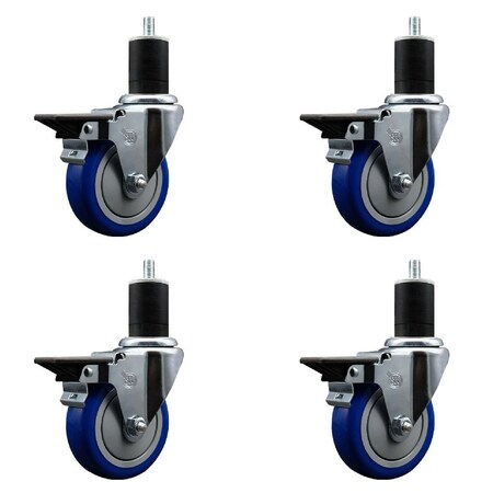 Service Caster 4'' Blue Poly Swivel 1-3/4'' Expanding Stem Caster Set with Brake, 4PK SCC-EX20S414-PPUB-BLUE-PLB-134-4